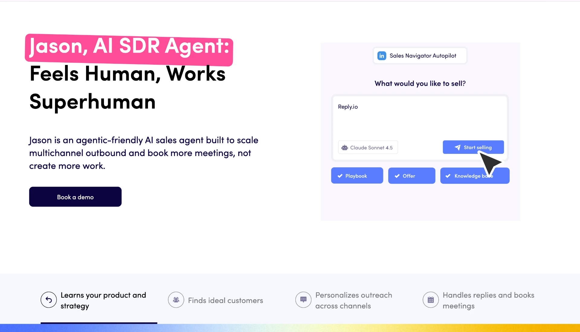 Reply.io Jason AI SDR page: Feels Human, Works Superhuman, with sales agent setup