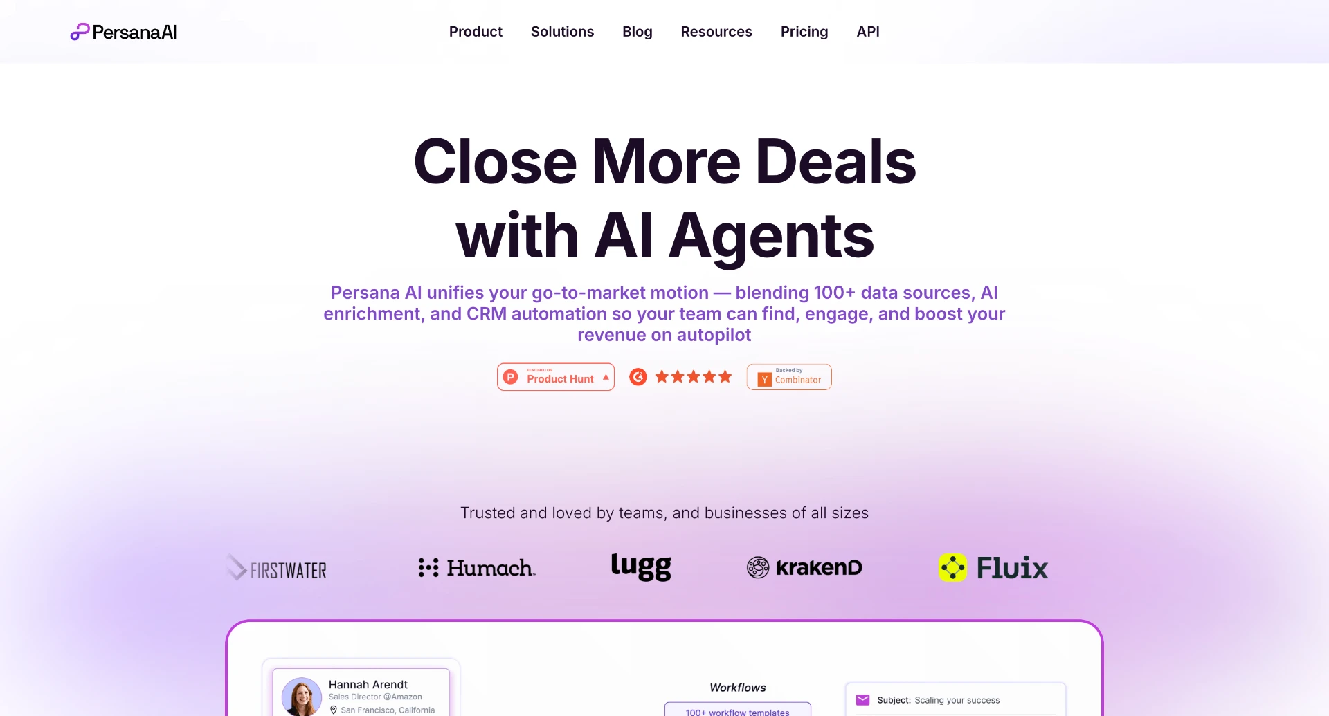 Persana AI homepage: Close More Deals with AI Agents, trusted by teams of all sizes