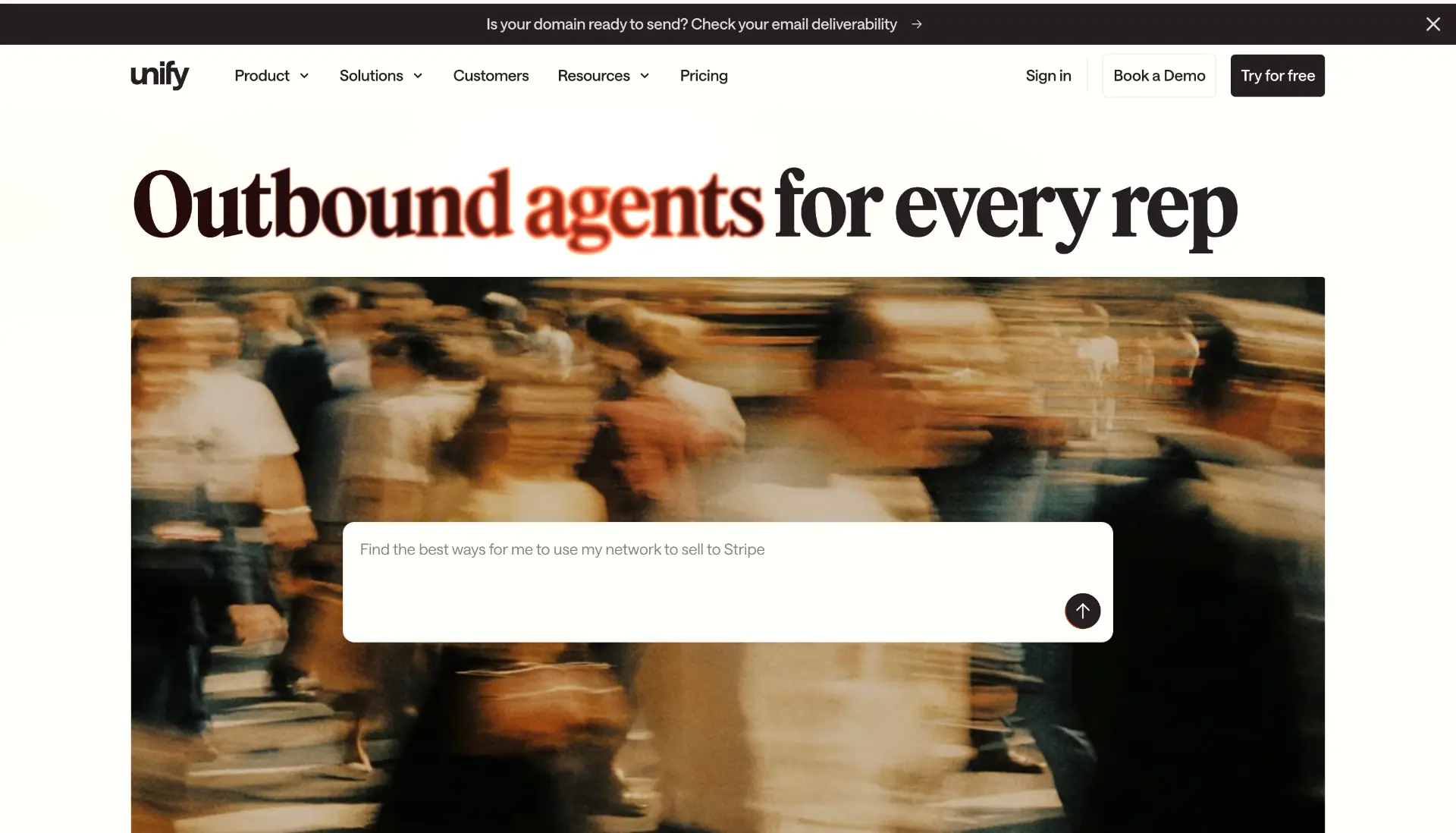Unify homepage showing Outbound agents for every rep with an AI outbound prompt box