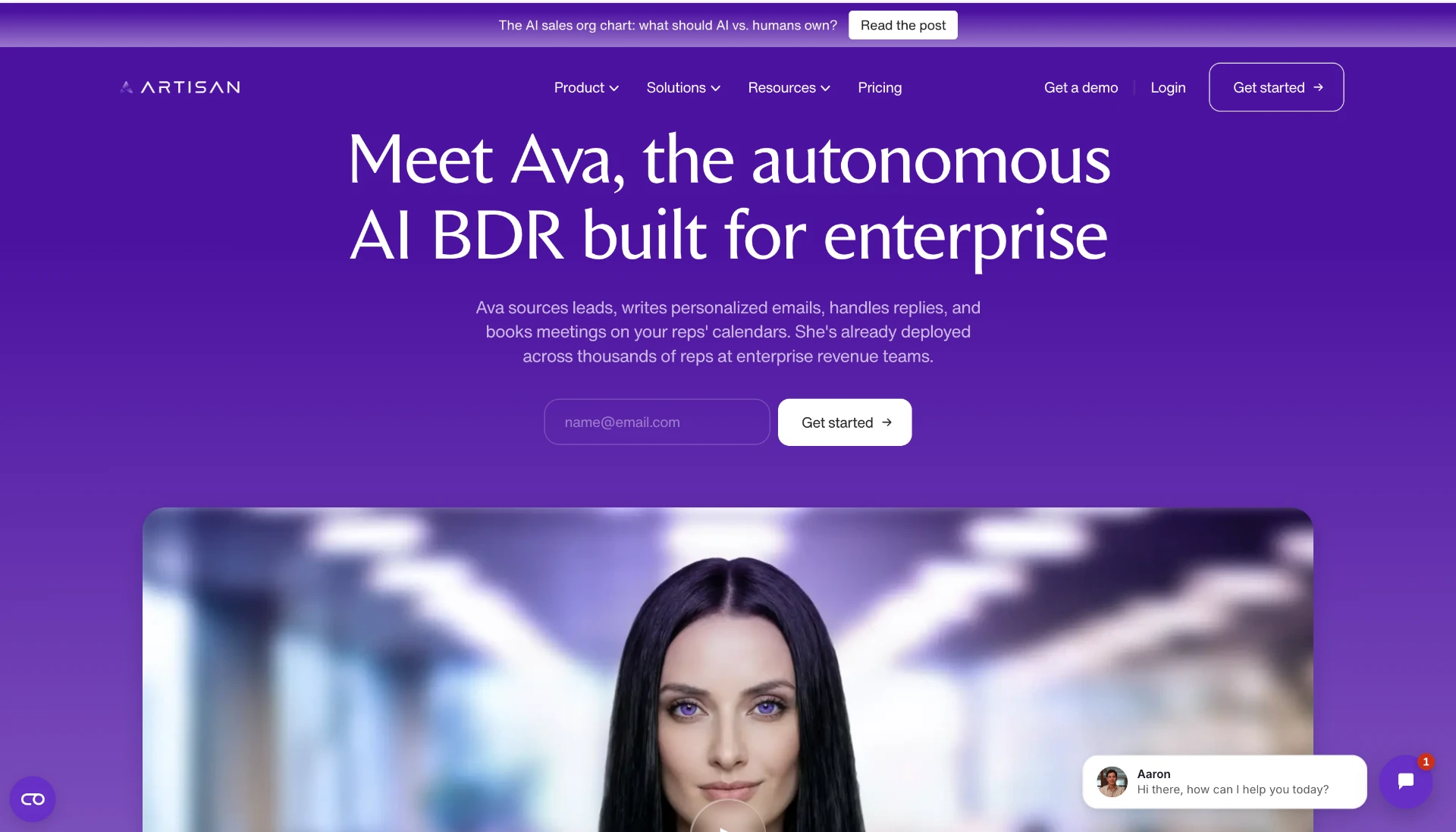 Artisan homepage: Meet Ava, the autonomous AI BDR built for enterprise