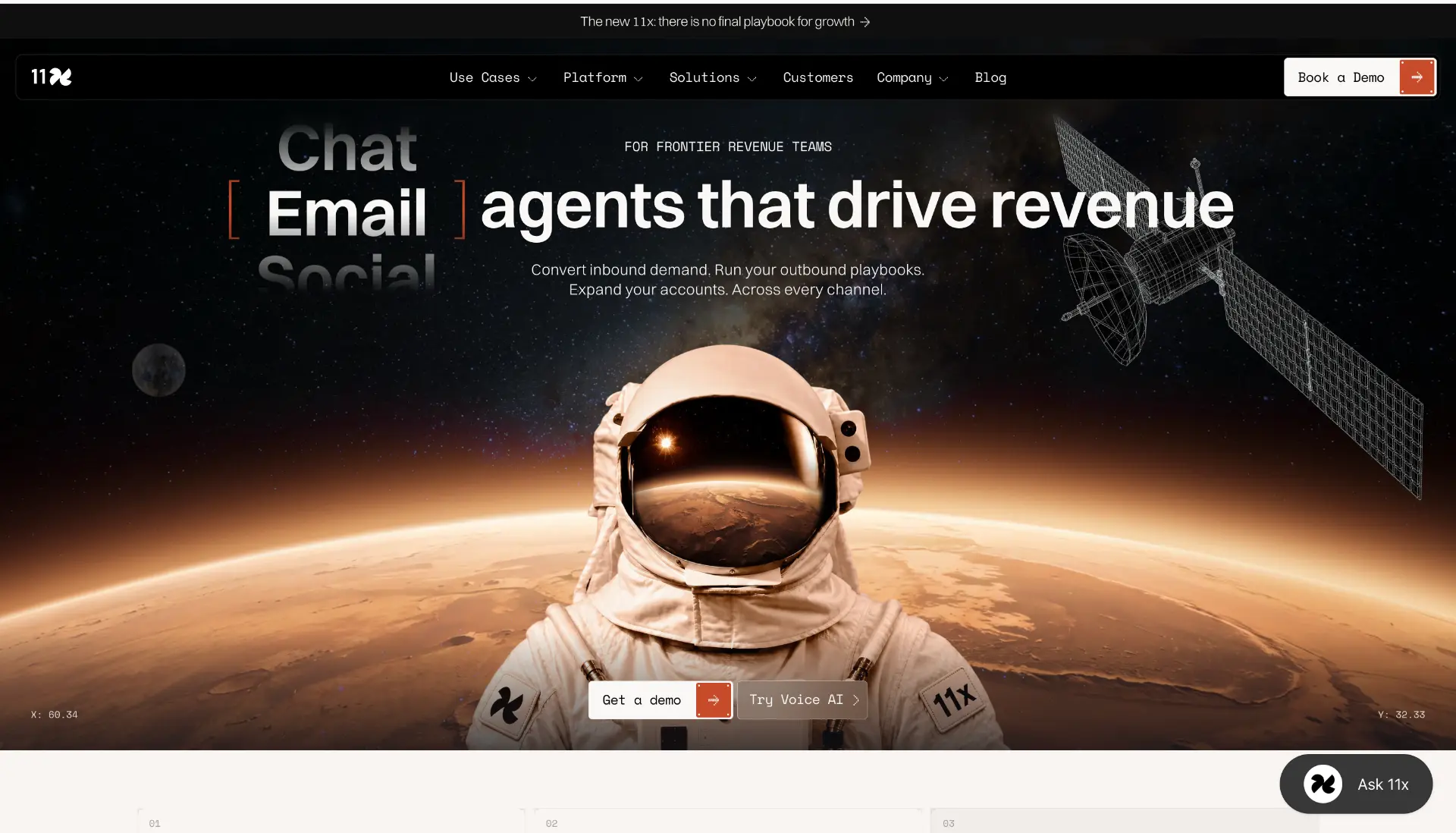 11x homepage: agents that drive revenue across chat, email and social channels