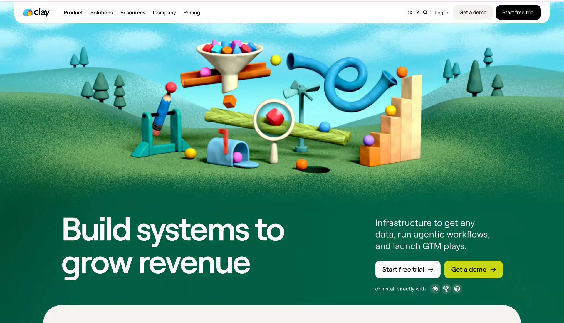 Clay homepage: Build systems to grow revenue, with start free trial and get a demo buttons
