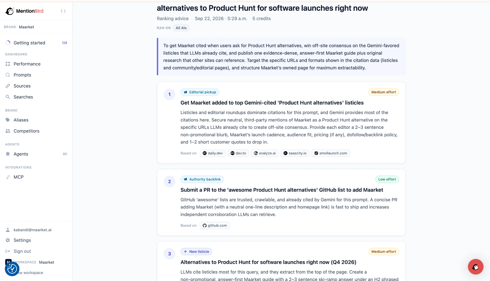 MentionBird Answer Agent ranking advice with three actions ordered by effort