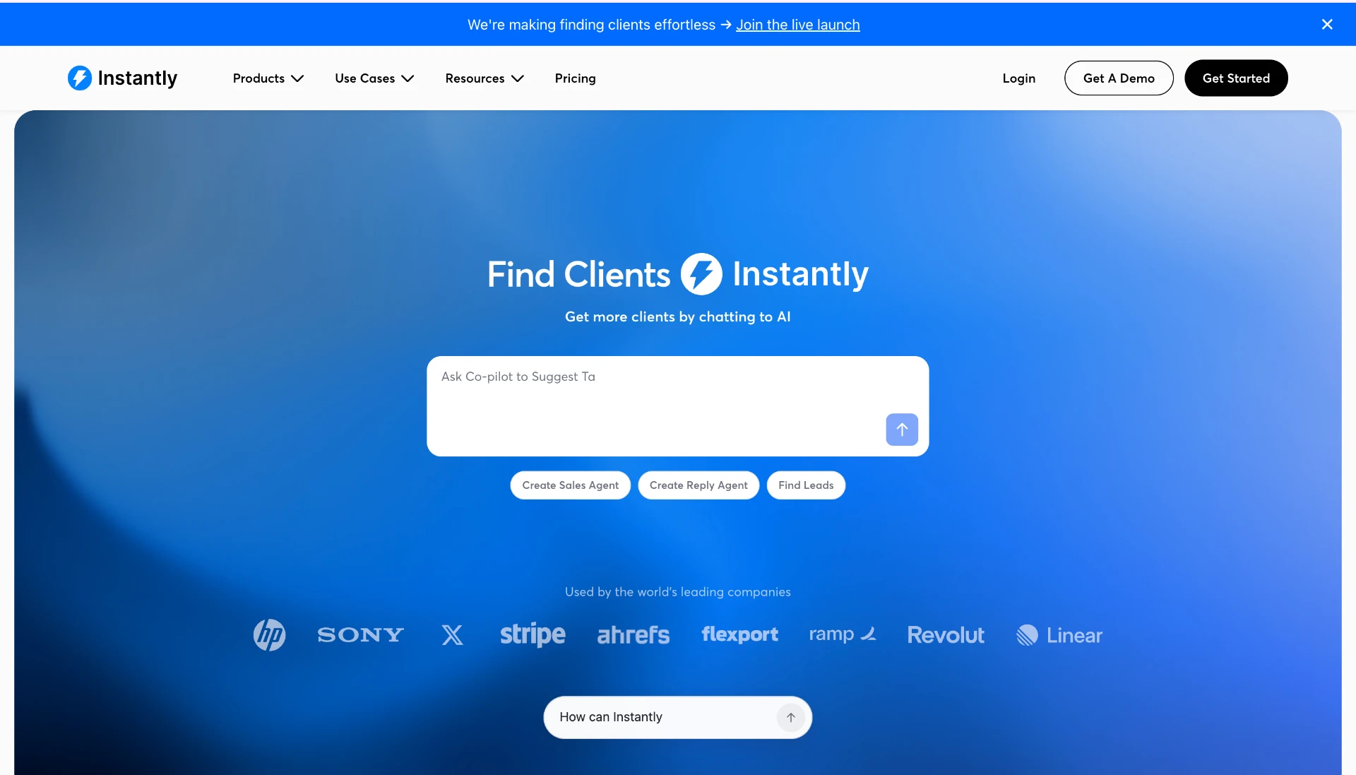 Instantly homepage: Find Clients Instantly with AI agent prompts to create sales and reply agents