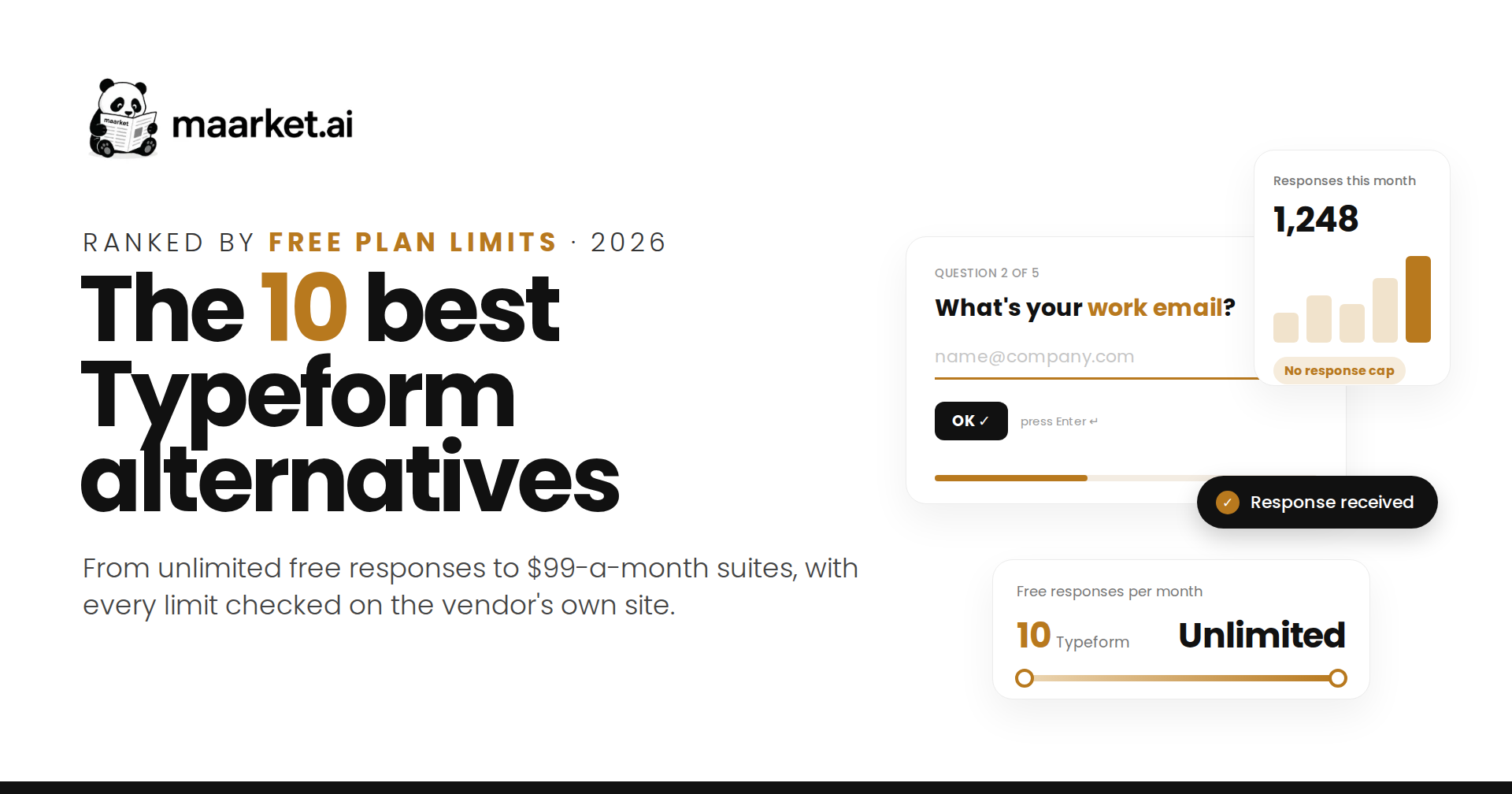Maarket cover: the 10 best Typeform alternatives in 2026, ranked by free plan limits