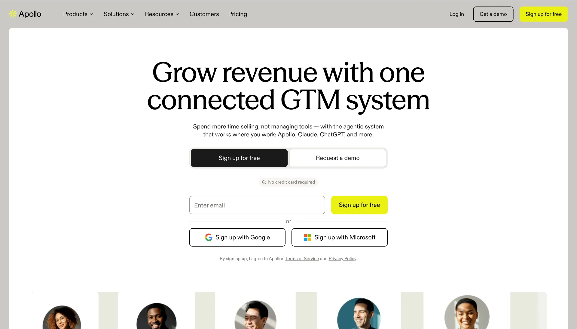 Apollo.io homepage showing Grow revenue with one connected GTM system and free sign-up options