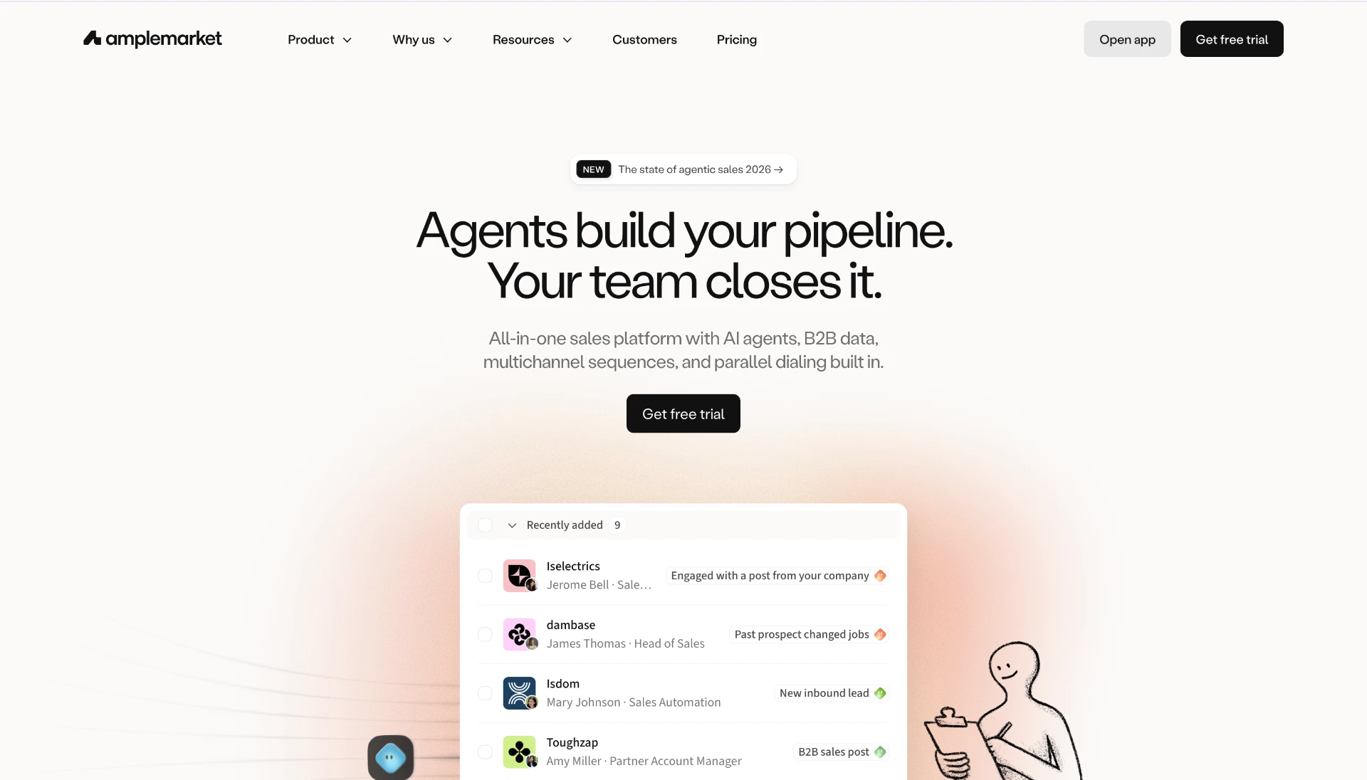 Amplemarket homepage showing Agents build your pipeline. Your team closes it. with a Get free trial button