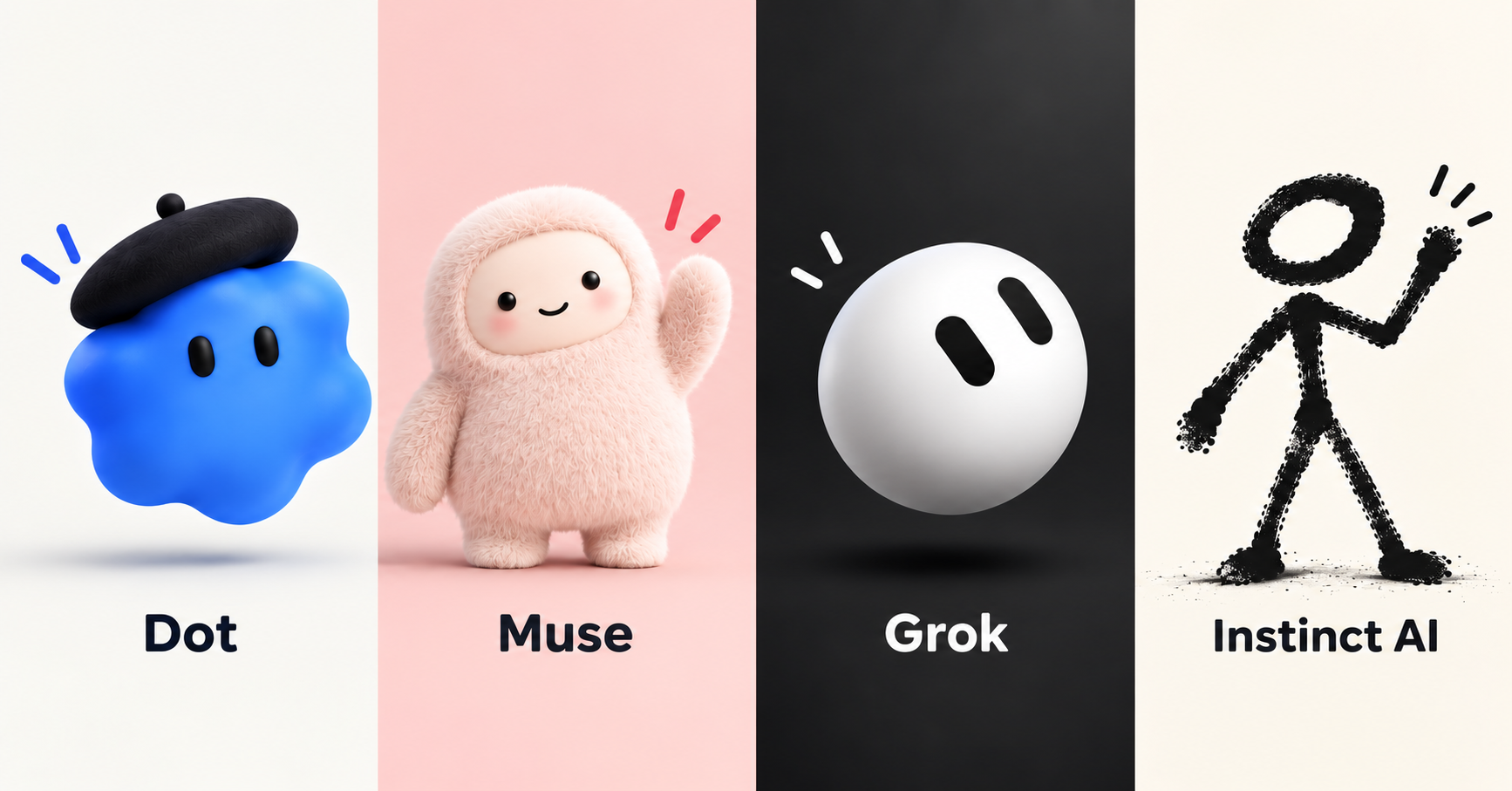 Illustration of four personal AI agents standing side by side, each in their own labeled panel: Dot, a smiling blue blob wearing a black beret on a cream background; Muse, a friendly pink furry character waving on a pink background; Grok Bot, a white round robot with two oval eyes on a dark background; and Instinct AI, a hand-drawn black stick figure on a cream background
